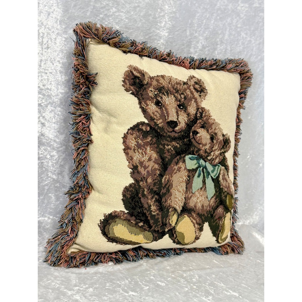 Vintage Dakotah Teddy Bear Woven Tapestry Throw Pillow Fringed Cream 12" x 13" - Picture 6 of 8